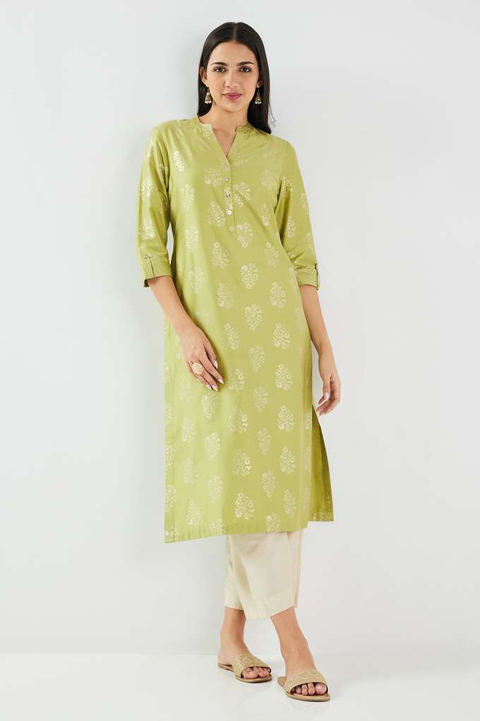 Printed-Blended-Fabric-Collared-Women-s-Kurta