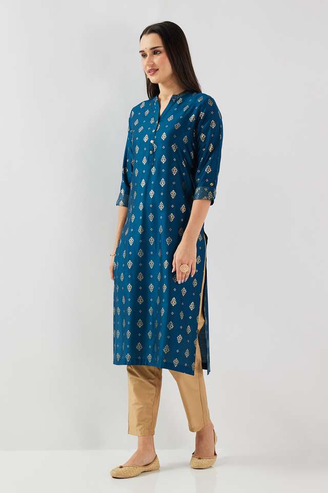 Printed-Blended-Fabric-Collared-Women-s-Kurta