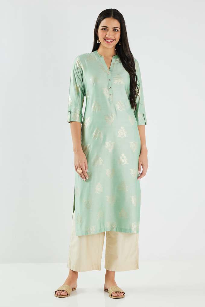 Printed-Blended-Fabric-Collared-Women-s-Kurta