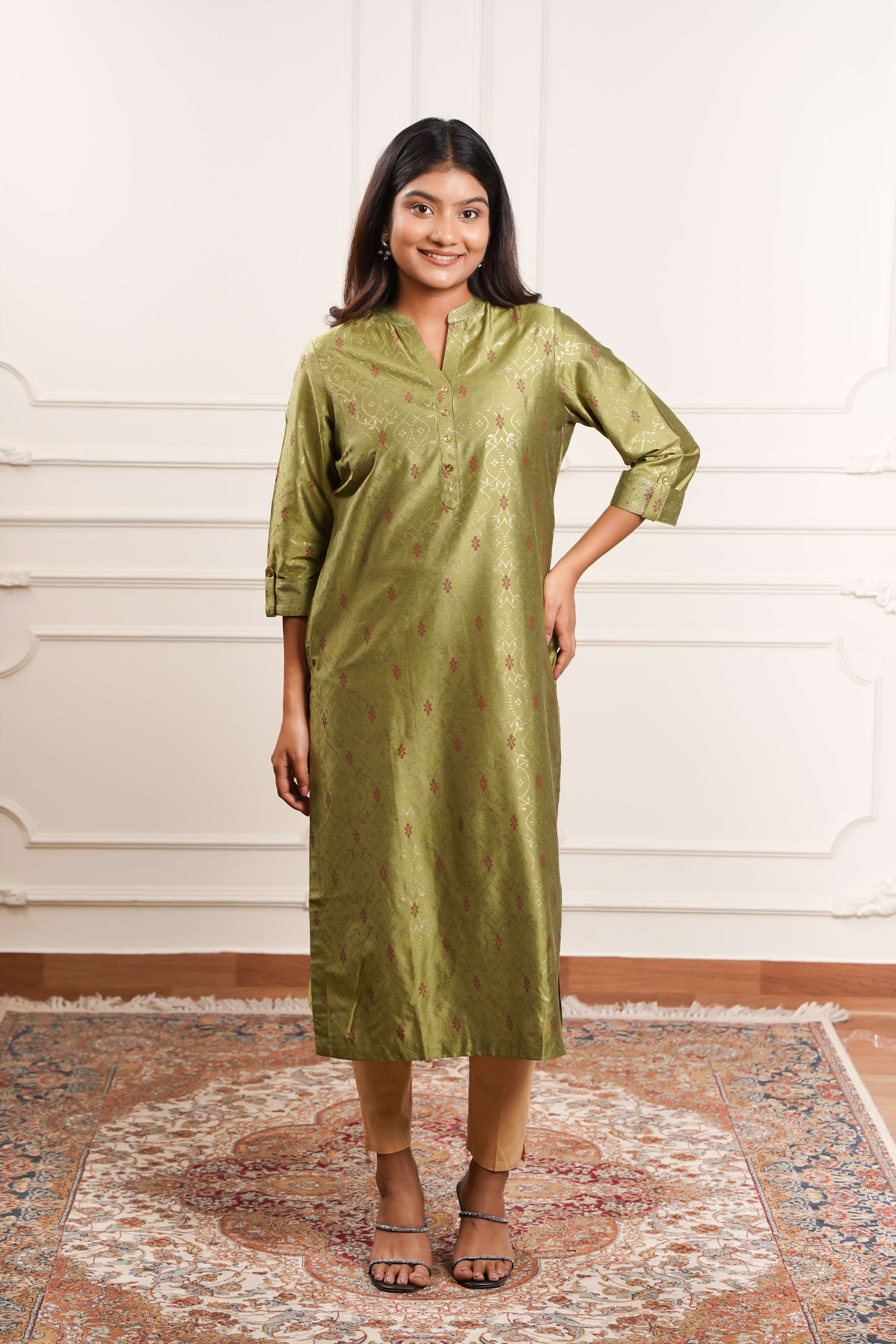 Textured-Polyester-Henley-Women-Casual-Wear-Kurta