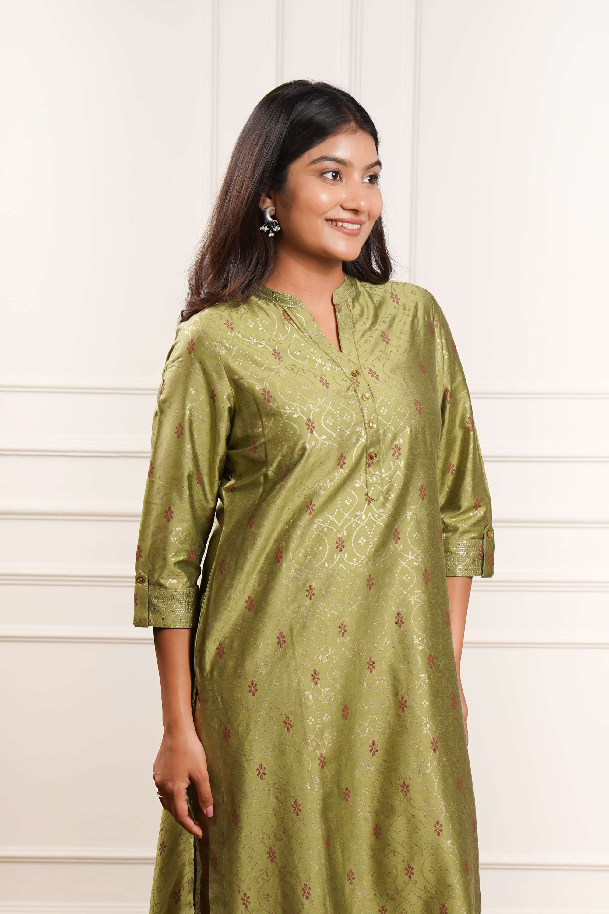 Textured-Polyester-Henley-Women-Fusion-Wear-Kurta