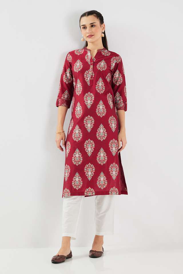 Printed-Blended-Fabric-Collared-Women-s-Kurta