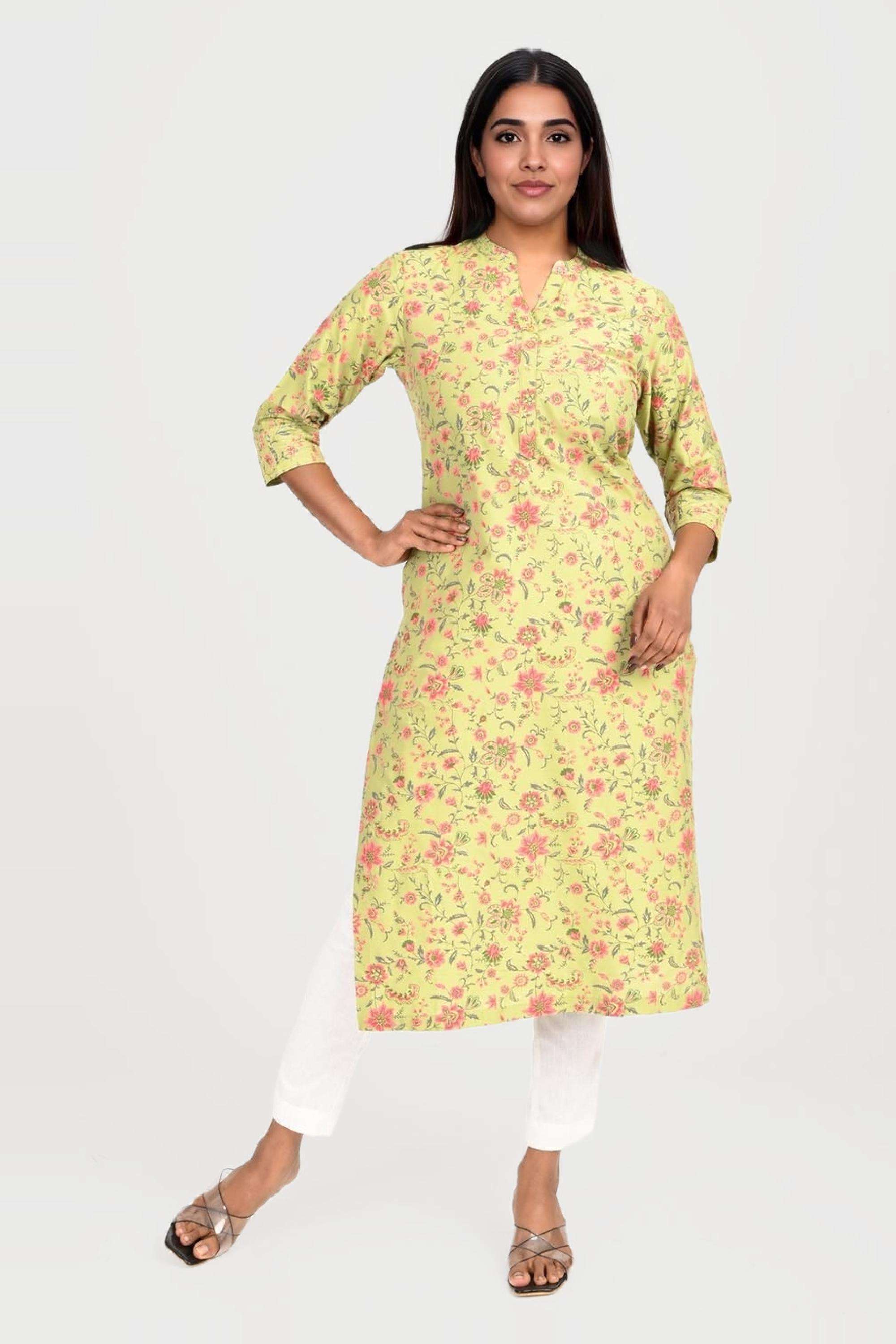 Solid-Blended-Fabric-Henley-Women-Fusion-Wear-Kurta