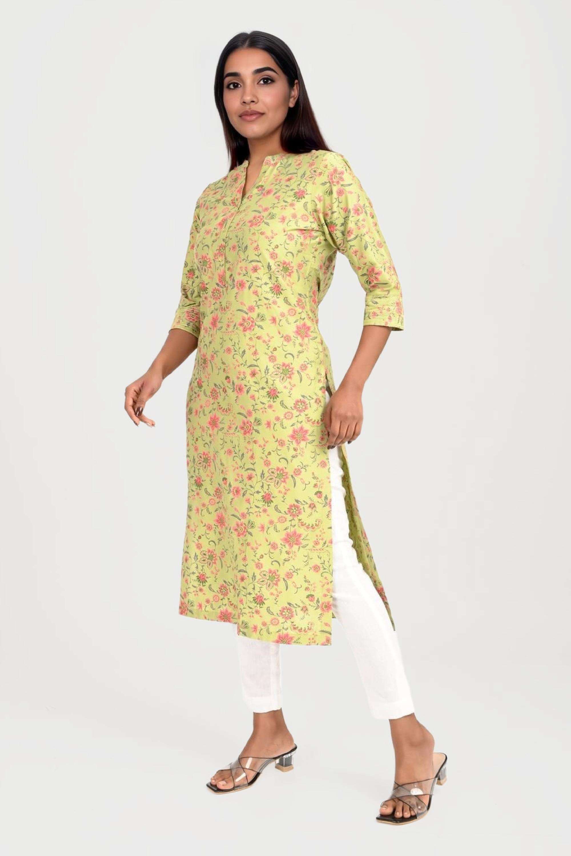 Floral-Blended-Fabric-Collared-Women-Fusion-Wear-Kurta
