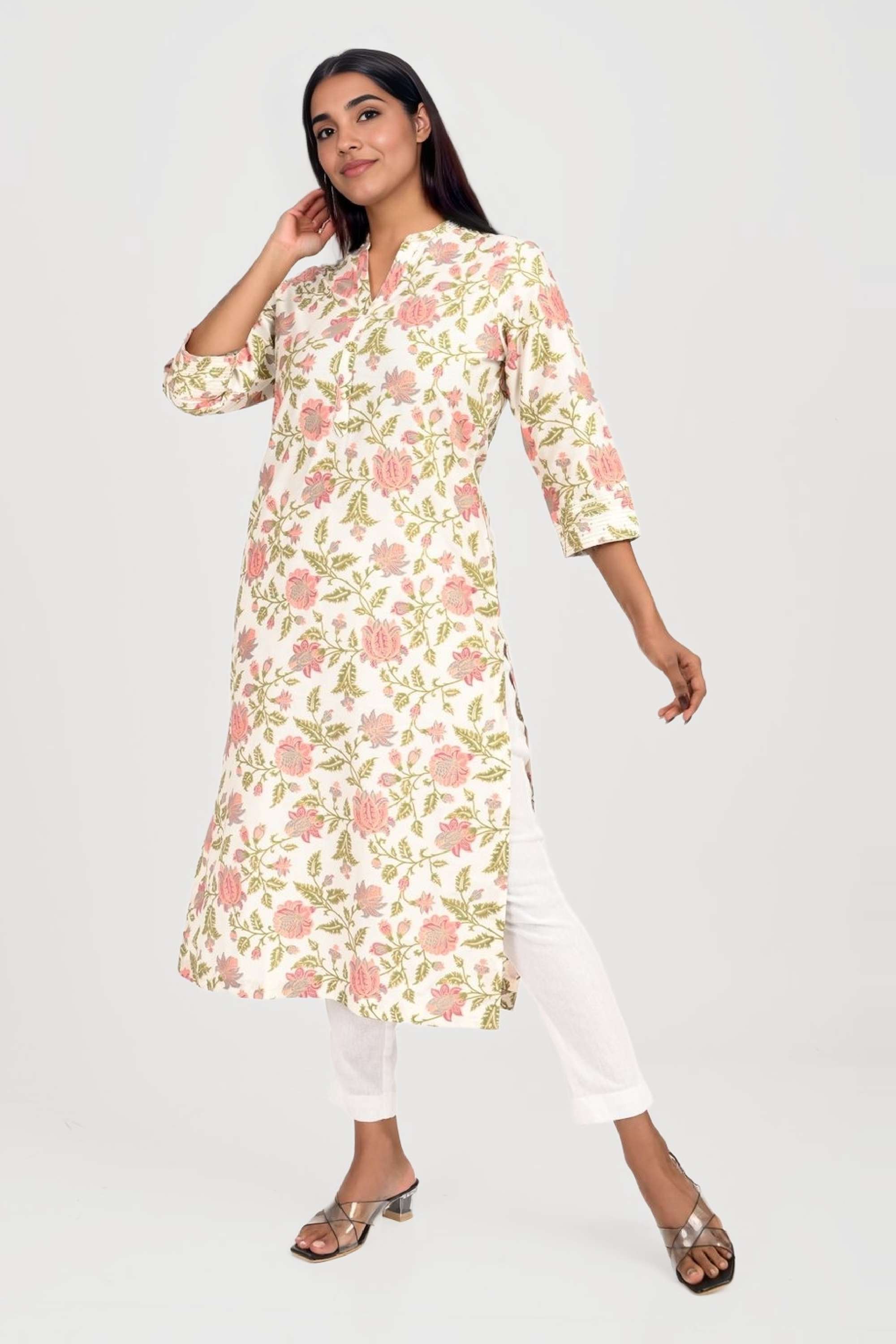 Embroidered-Blended-Fabric-Collared-Women-s-Festive-Wear-Kurta