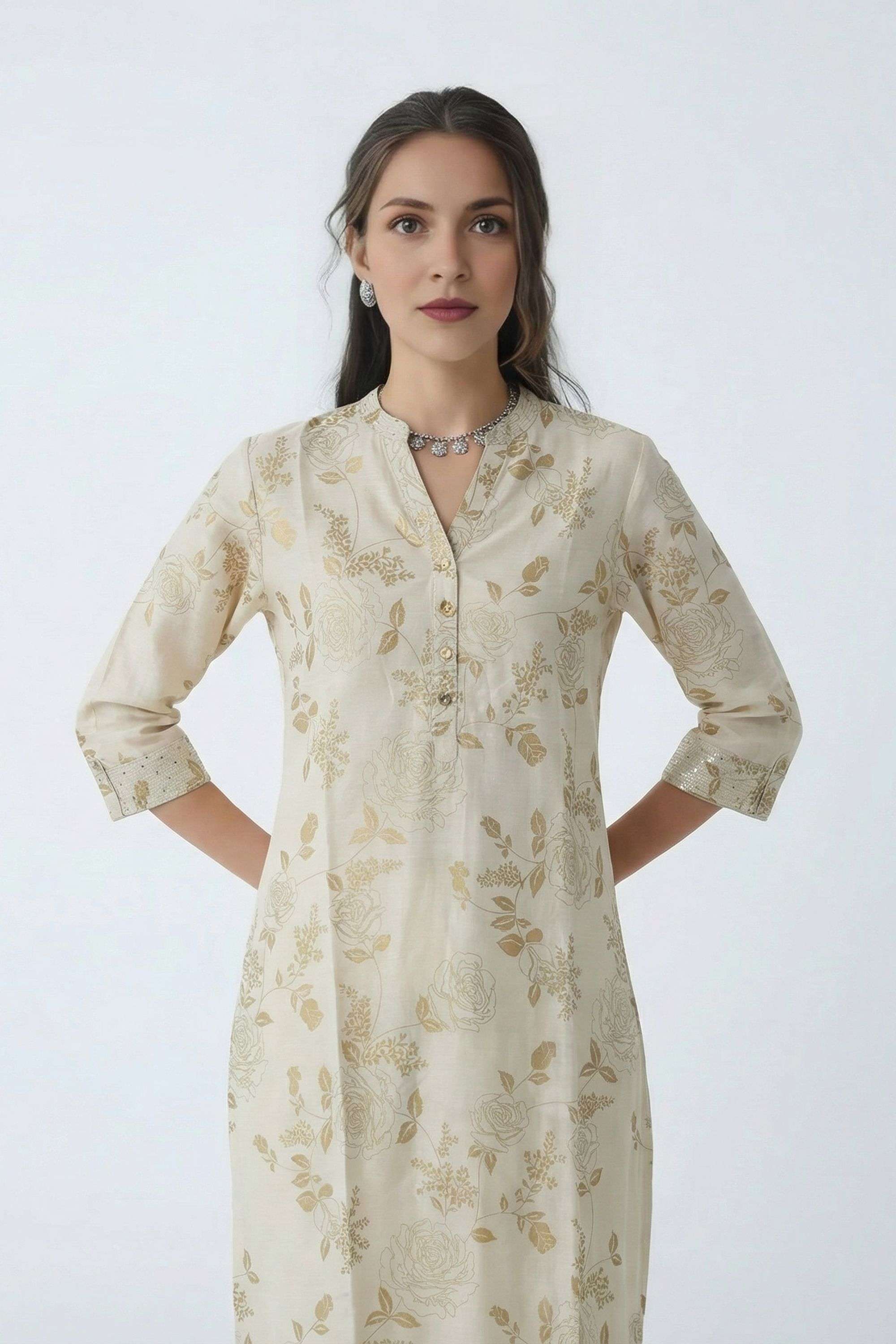 Floral-Blended-Fabric-Henley-Women-Fusion-Wear-Kurta
