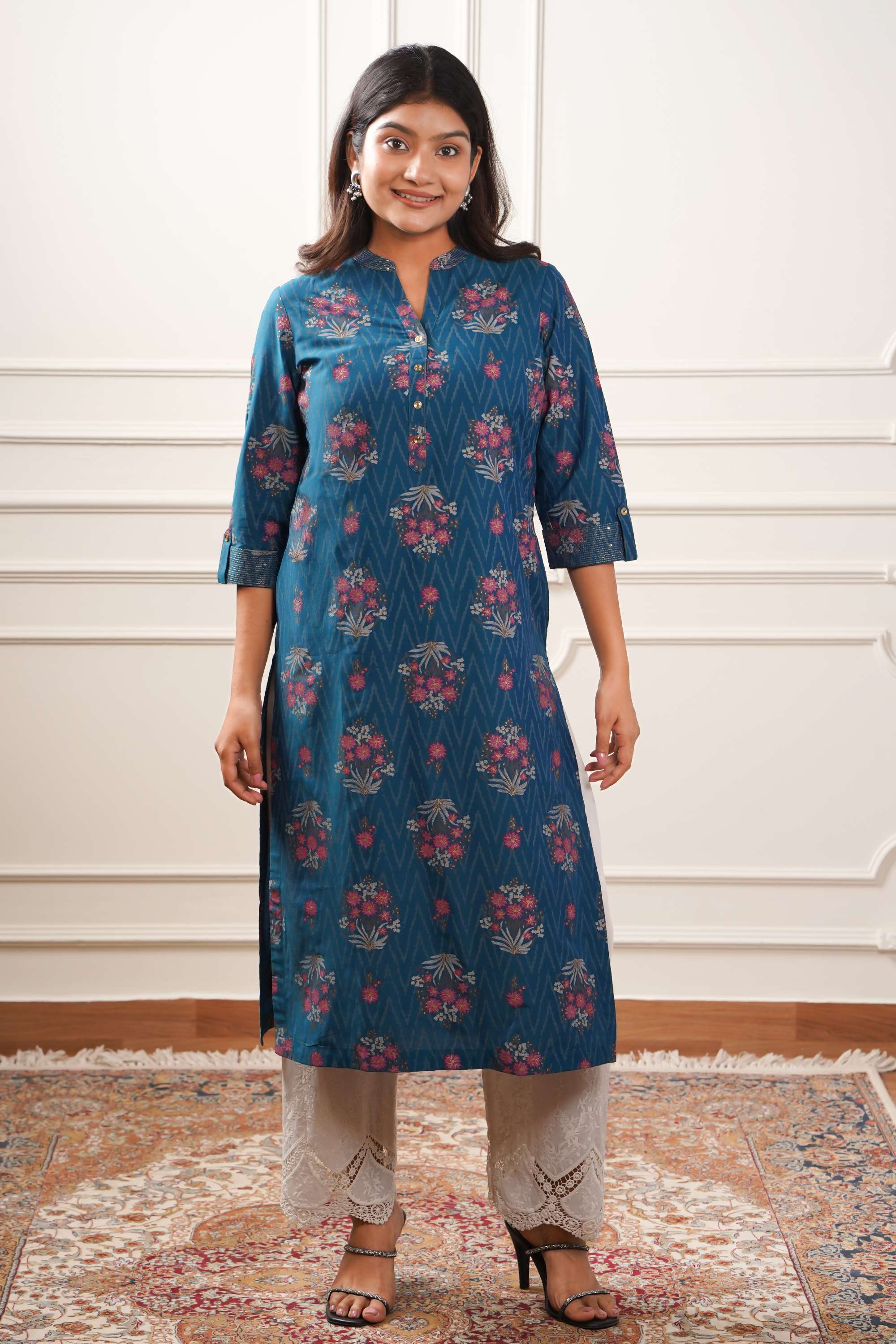 Floral-Polyester-Henley-Women-Casual-Wear-Kurta