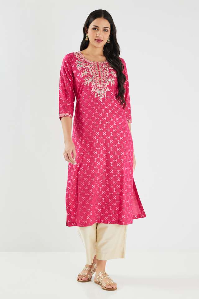 Printed-Blended-Fabric-Round-Neck-Women-s-Kurta