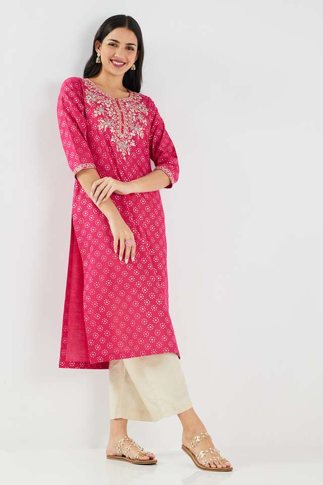Printed-Blended-Fabric-Round-Neck-Women-s-Kurta