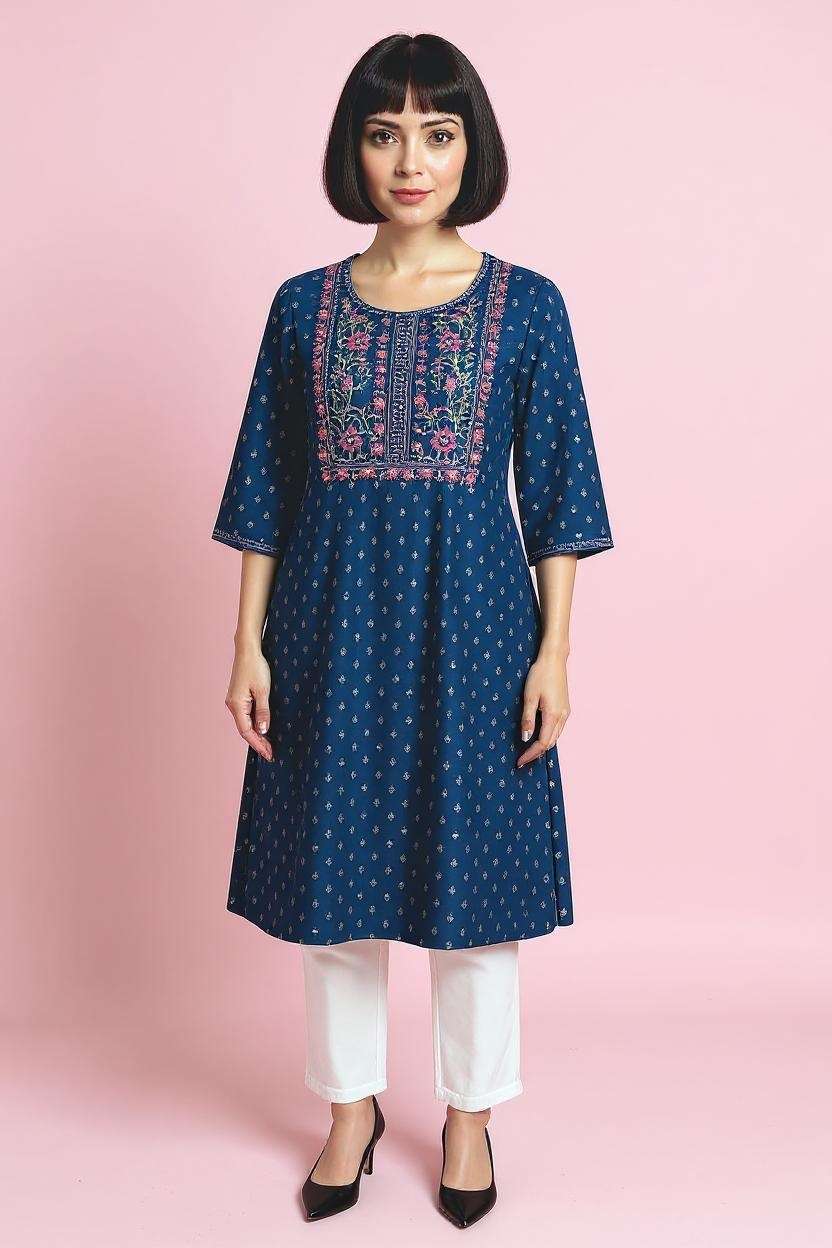 Embroidered-Blended-Fabric-V-Neck-Women-s-Festive-Wear-Kurta
