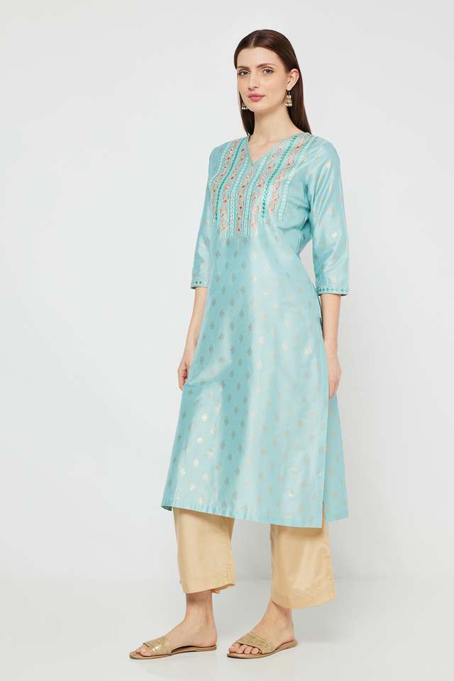 Printed-Blended-Fabric-V-Neck-Women-s-Kurta