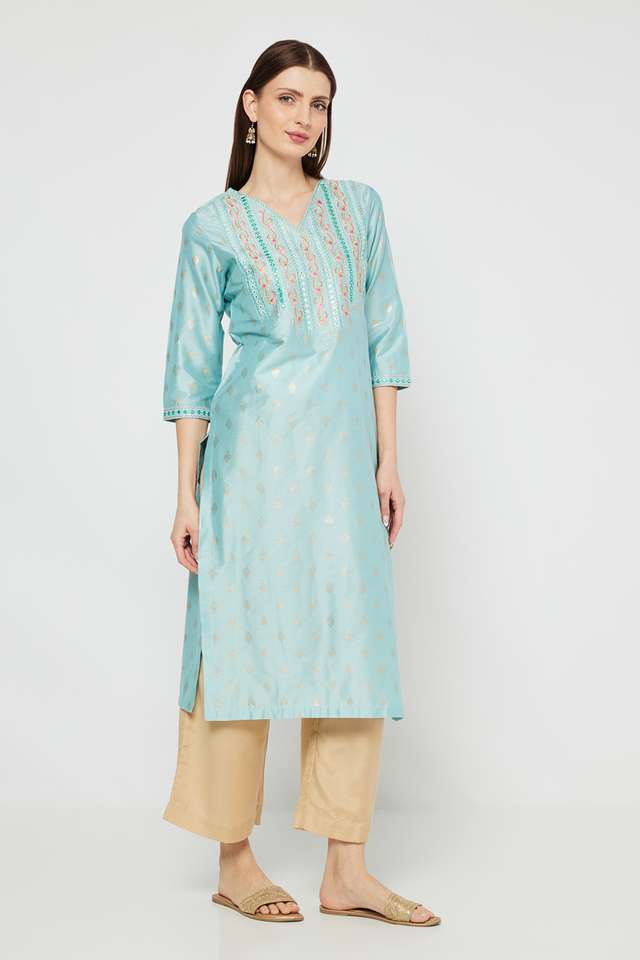 Printed-Blended-Fabric-V-Neck-Women-s-Kurta