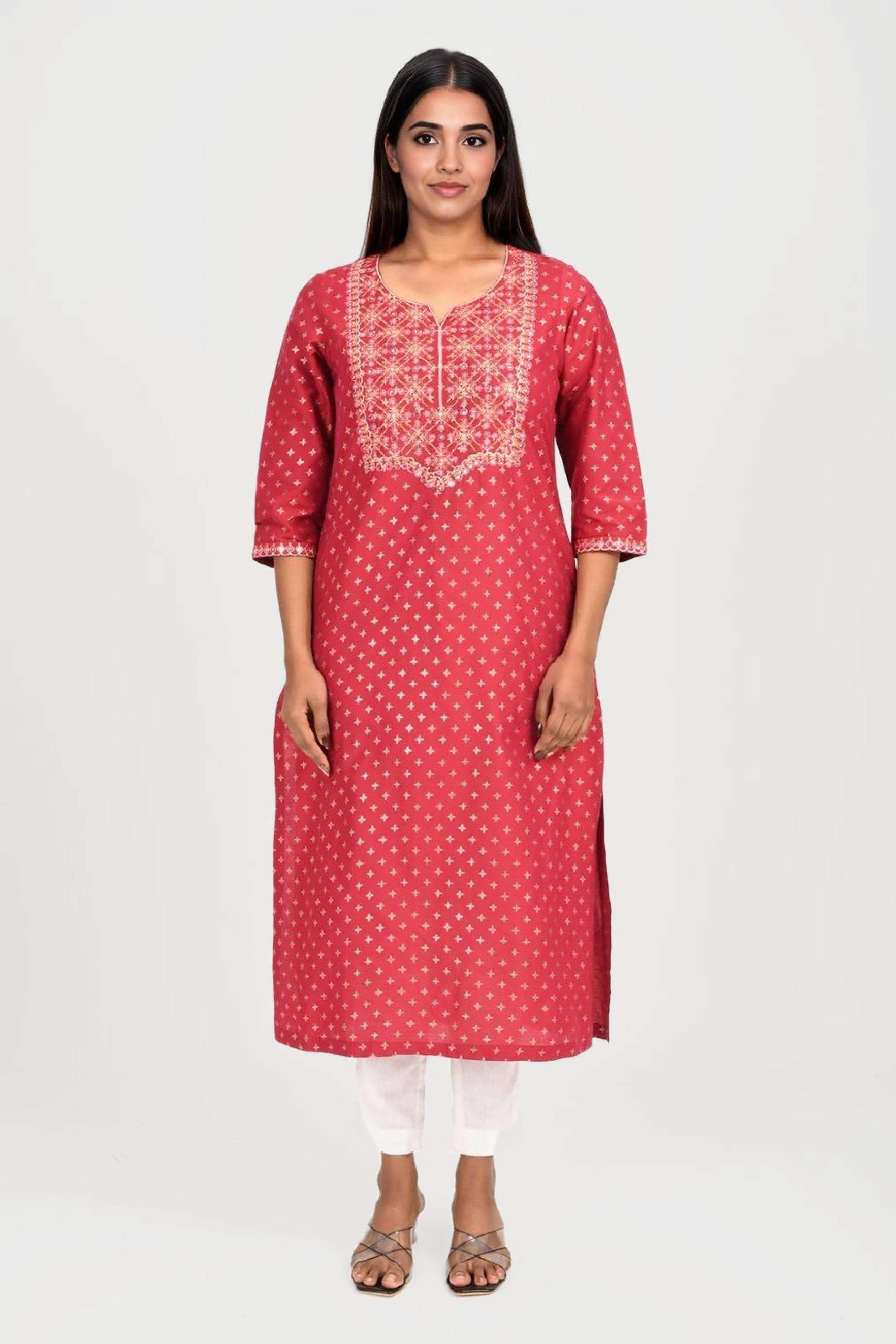 Embroidered-Blended-Fabric-Round-Neck-Women-s-Festive-Wear-Kurta