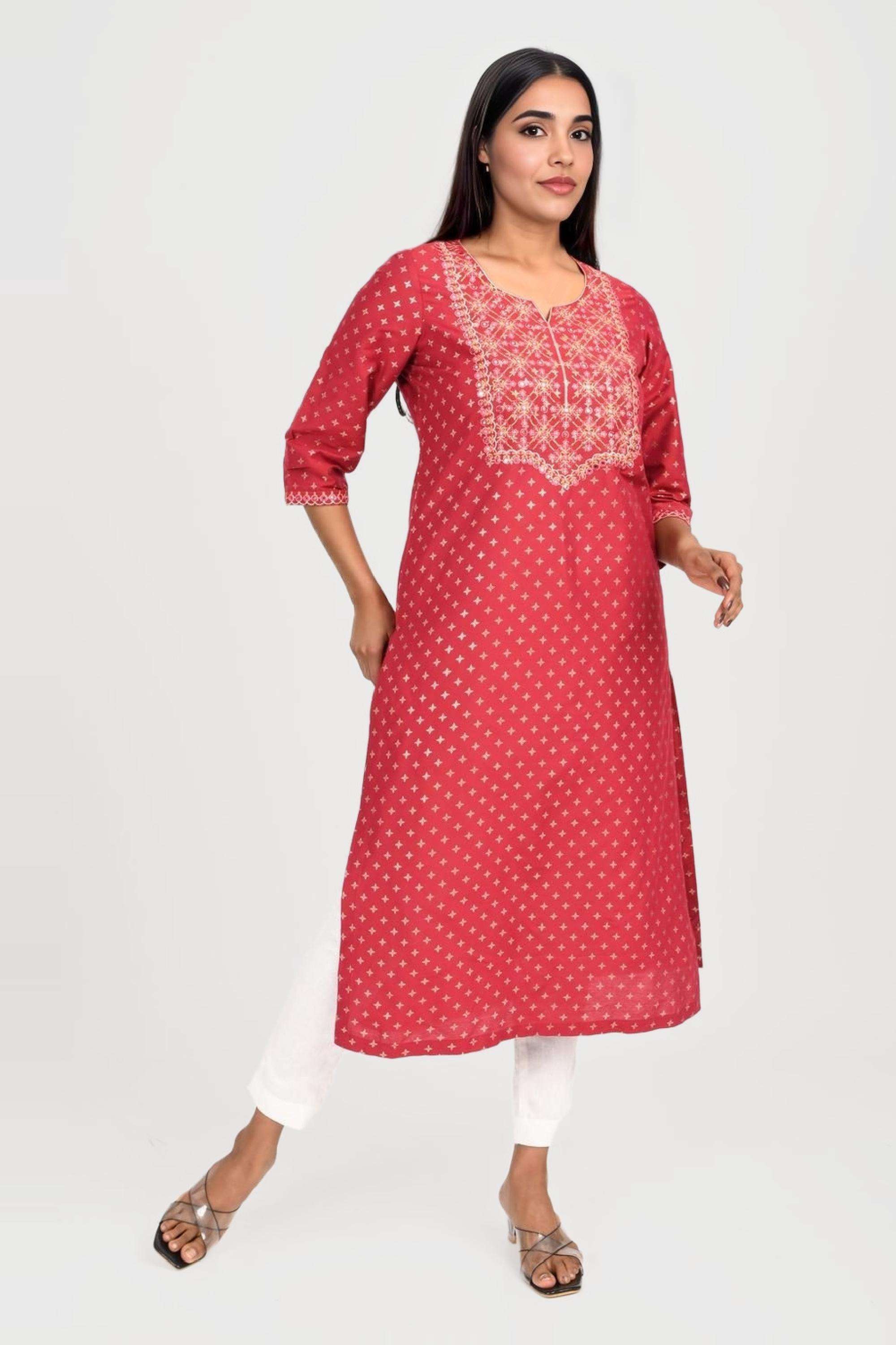 Embroidered-Blended-Fabric-Round-Neck-Women-s-Festive-Wear-Kurta