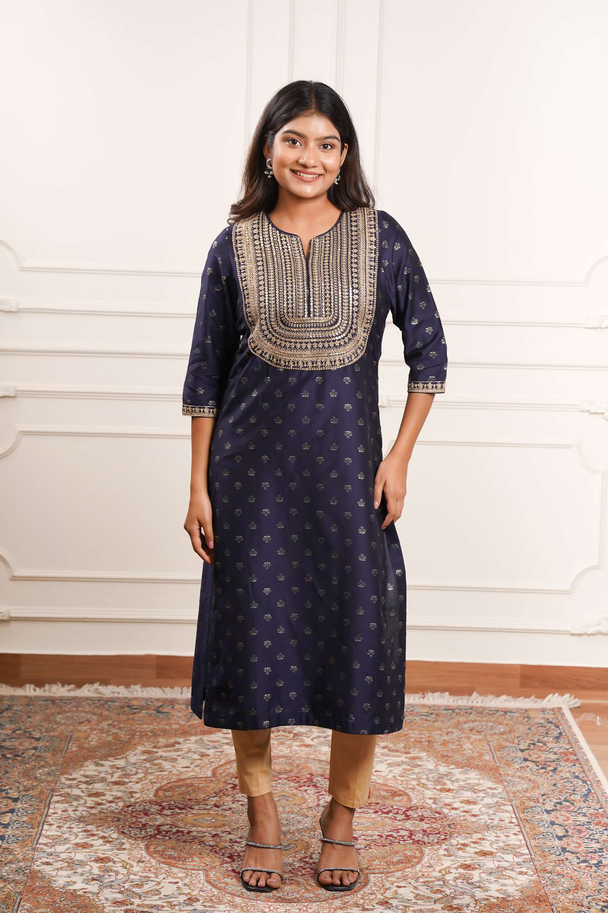 Block-Print-Polyester-Y-Neck-Women-Casual-Wear-Kurta