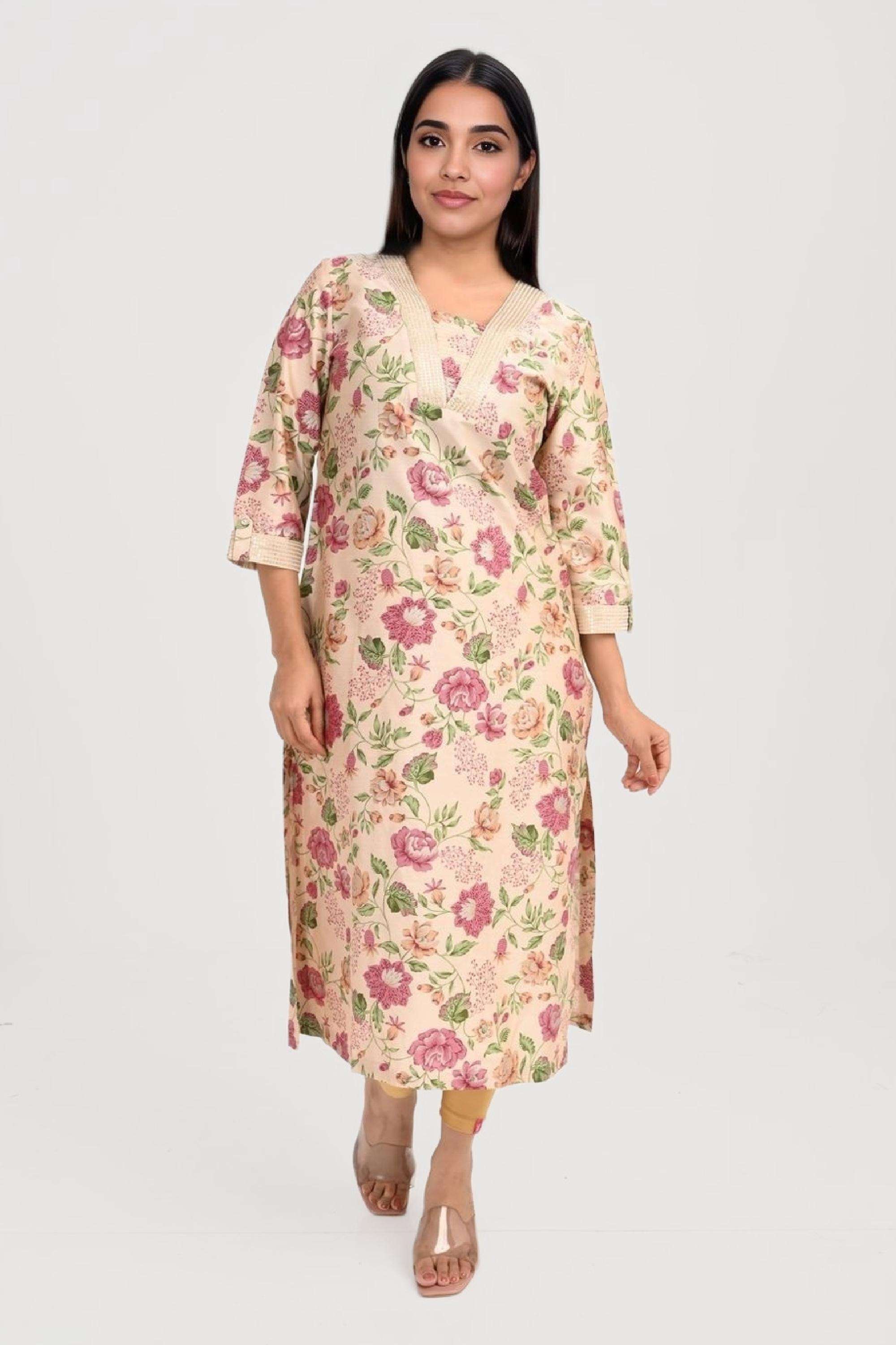 Printed-Blended-Fabric-V-Neck-Women-s-Kurta