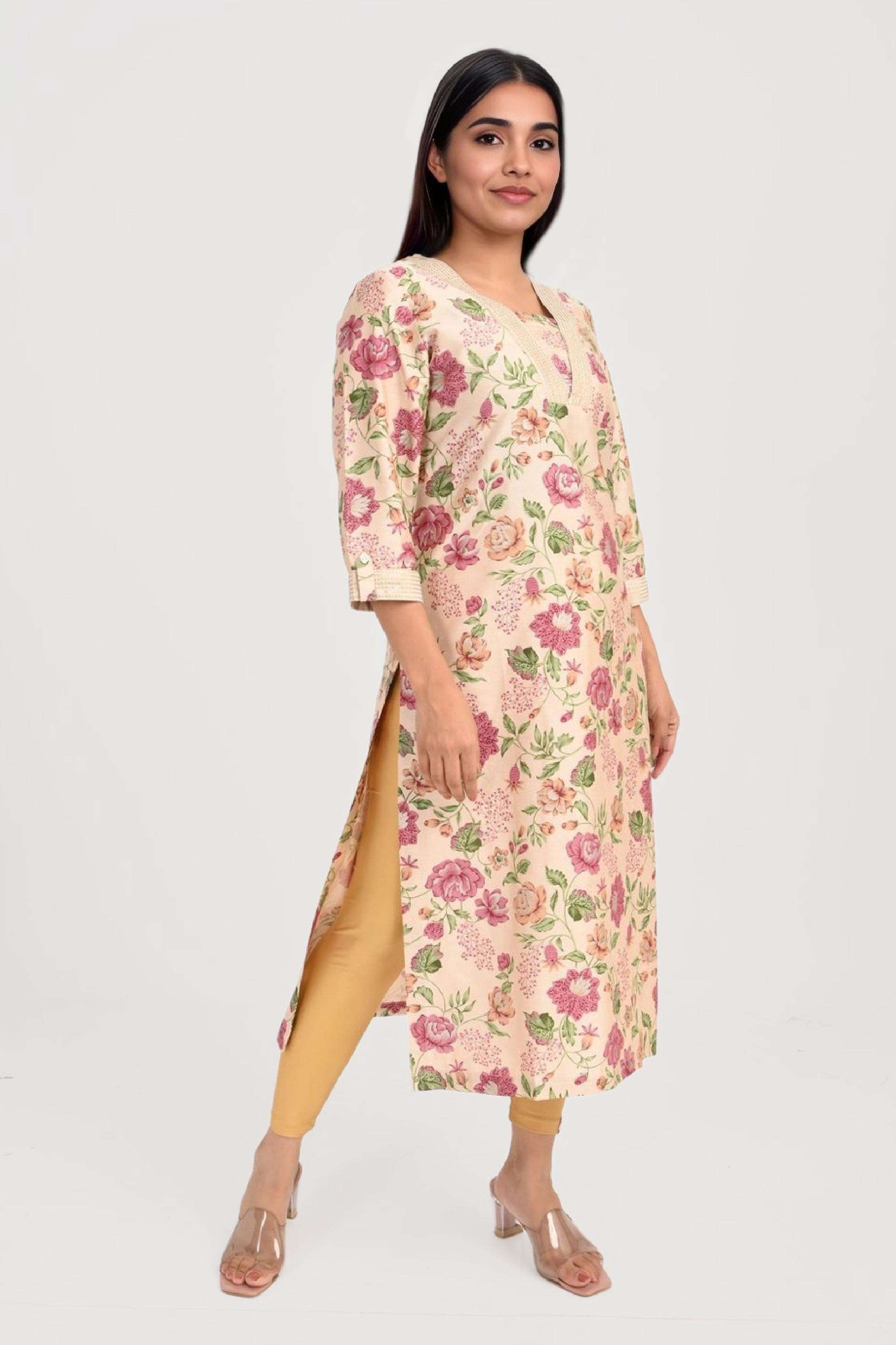 Printed-Blended-Fabric-V-Neck-Women-s-Kurta