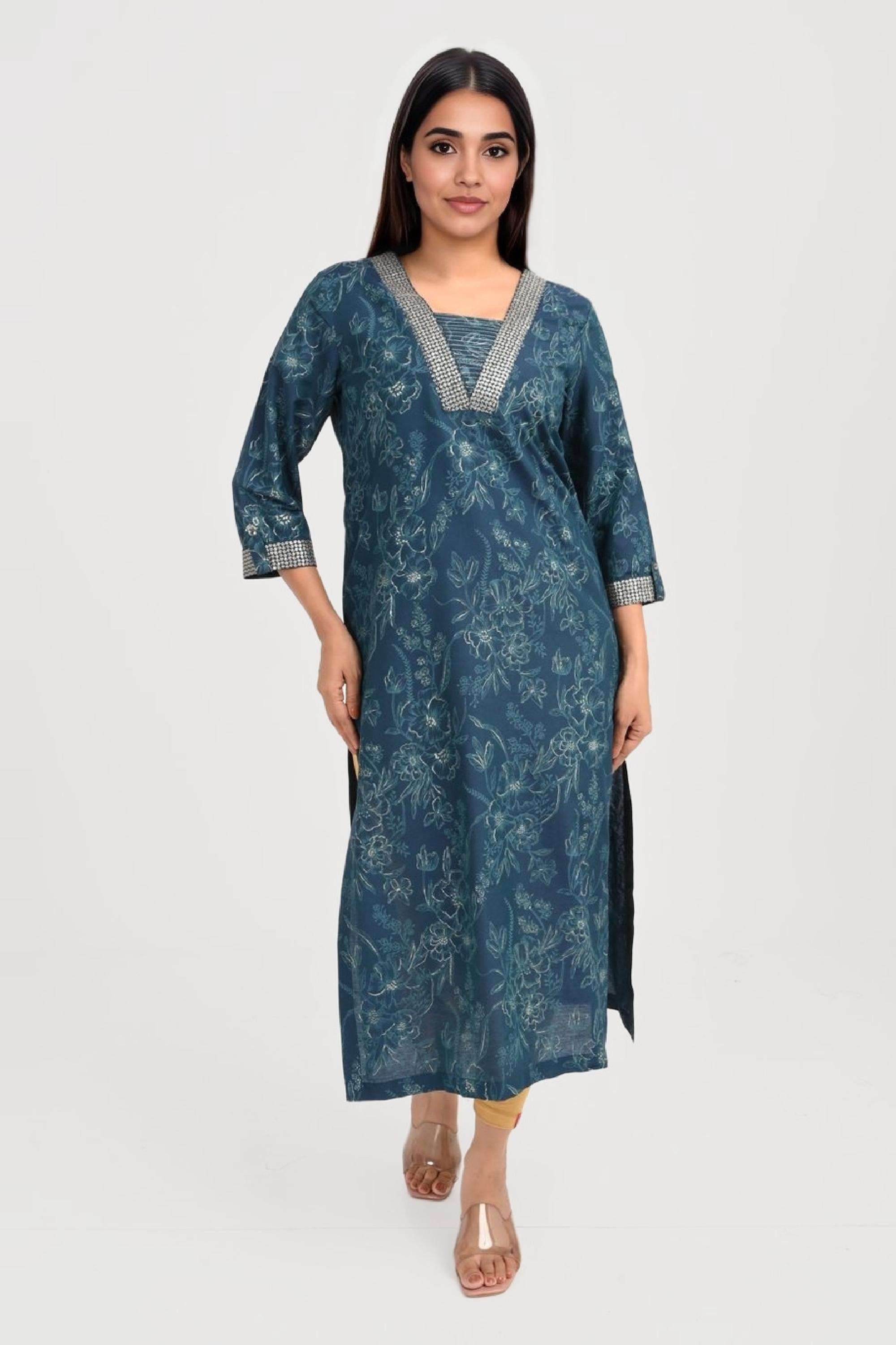 Printed-Viscose-V-Neck-Women-Fusion-Wear-Kurta