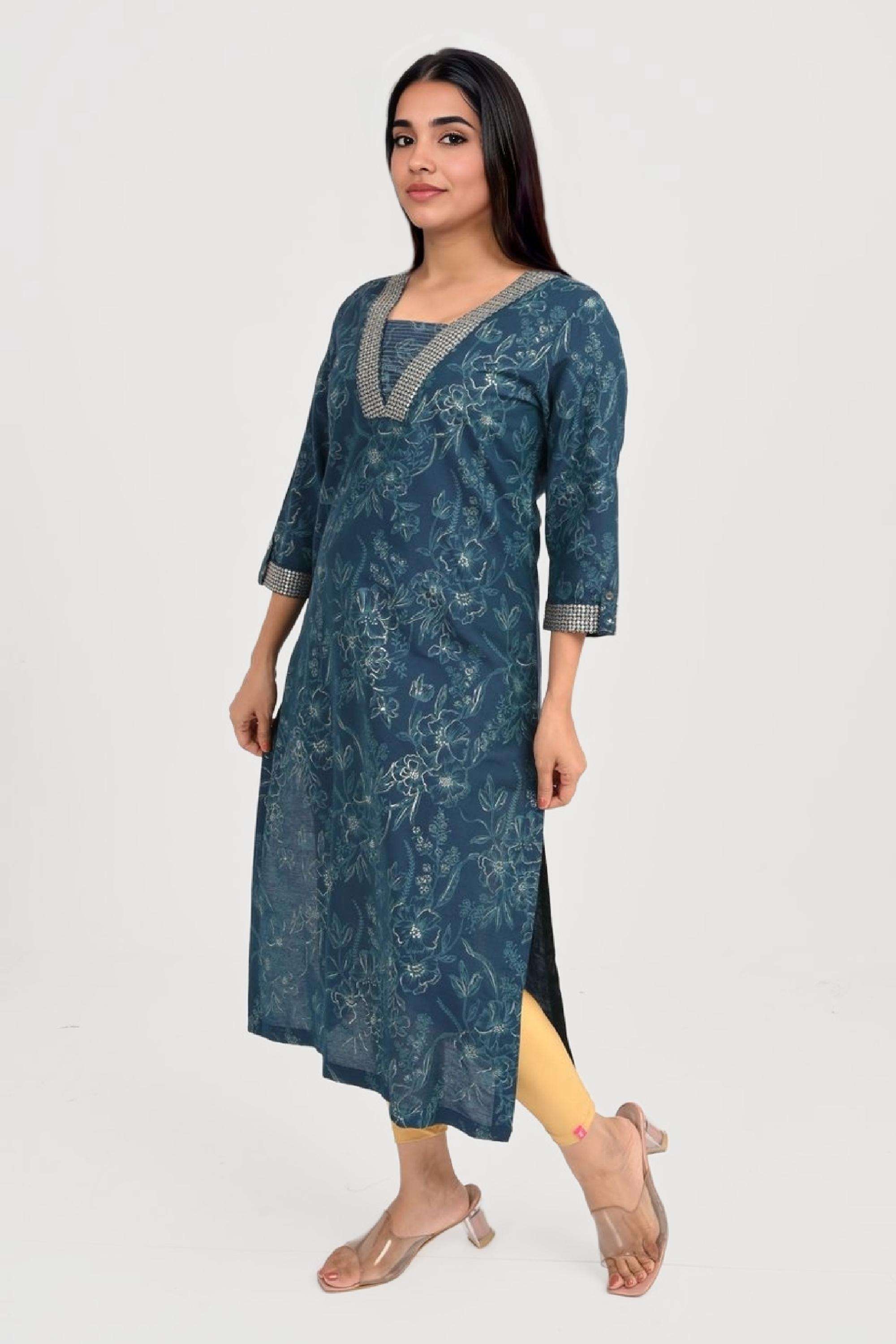 Printed-Viscose-V-Neck-Women-Fusion-Wear-Kurta