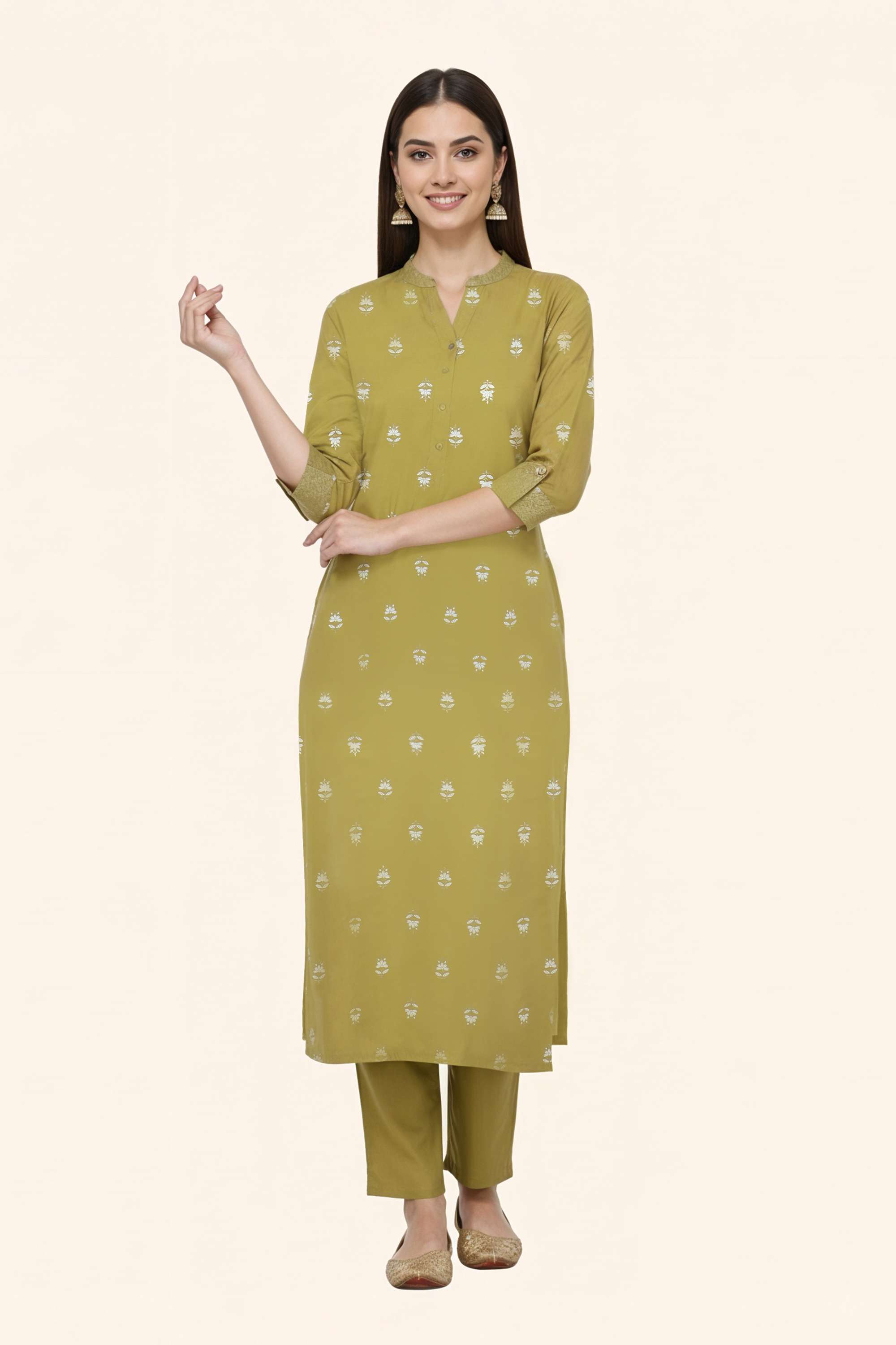 Embroidered-Blended-Fabric-Collared-Women-Fusion-Wear-Kurta