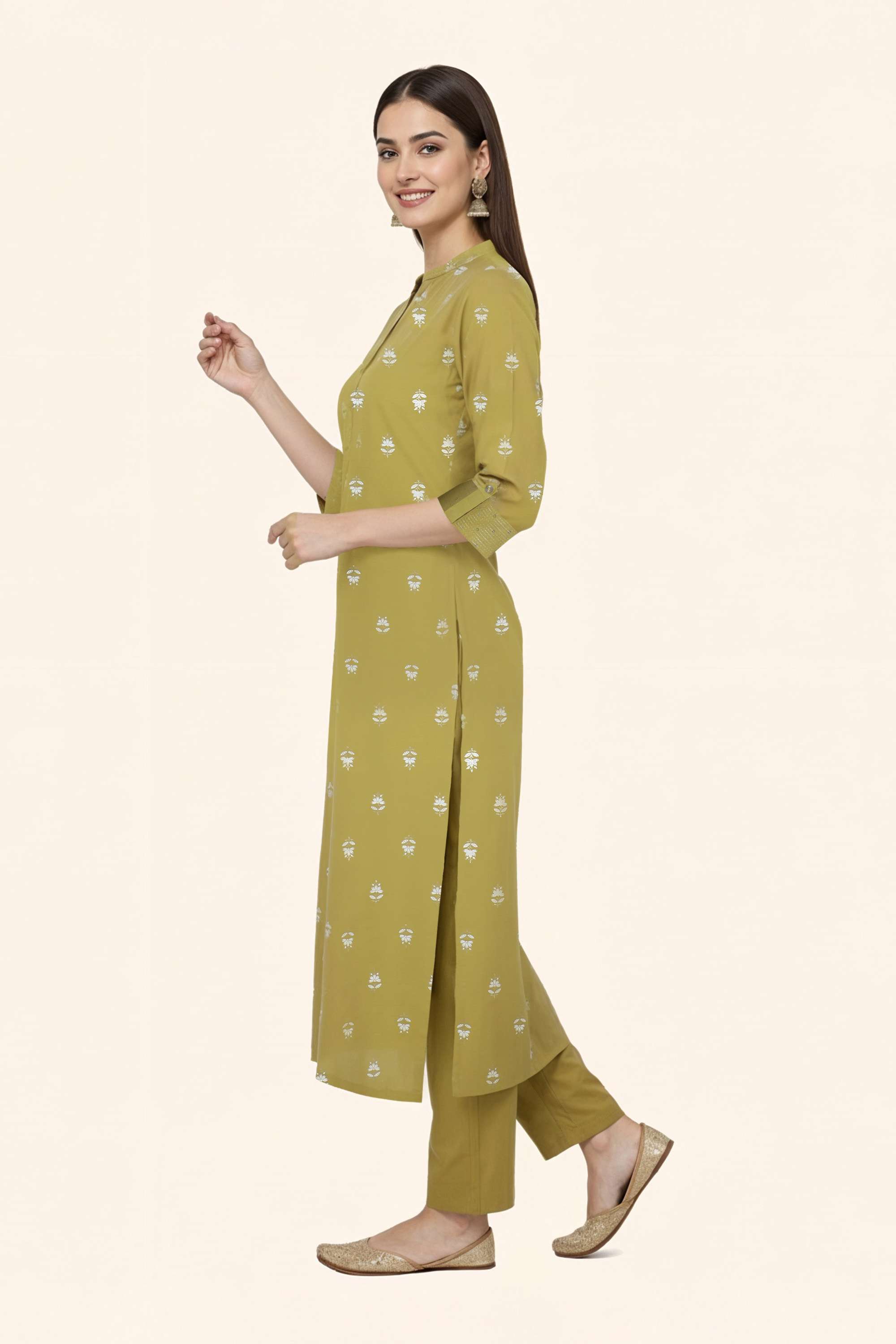 Embroidered-Blended-Fabric-Collared-Women-Fusion-Wear-Kurta