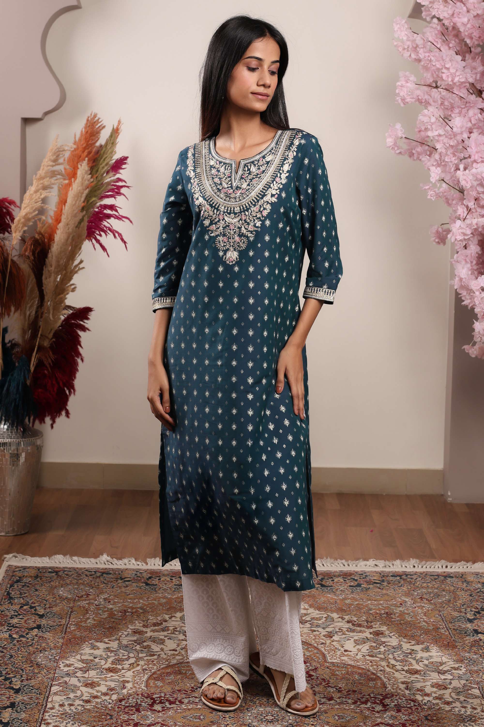Embroidered-Viscose-Blend-Straight-Fit-Women-s-Kurta