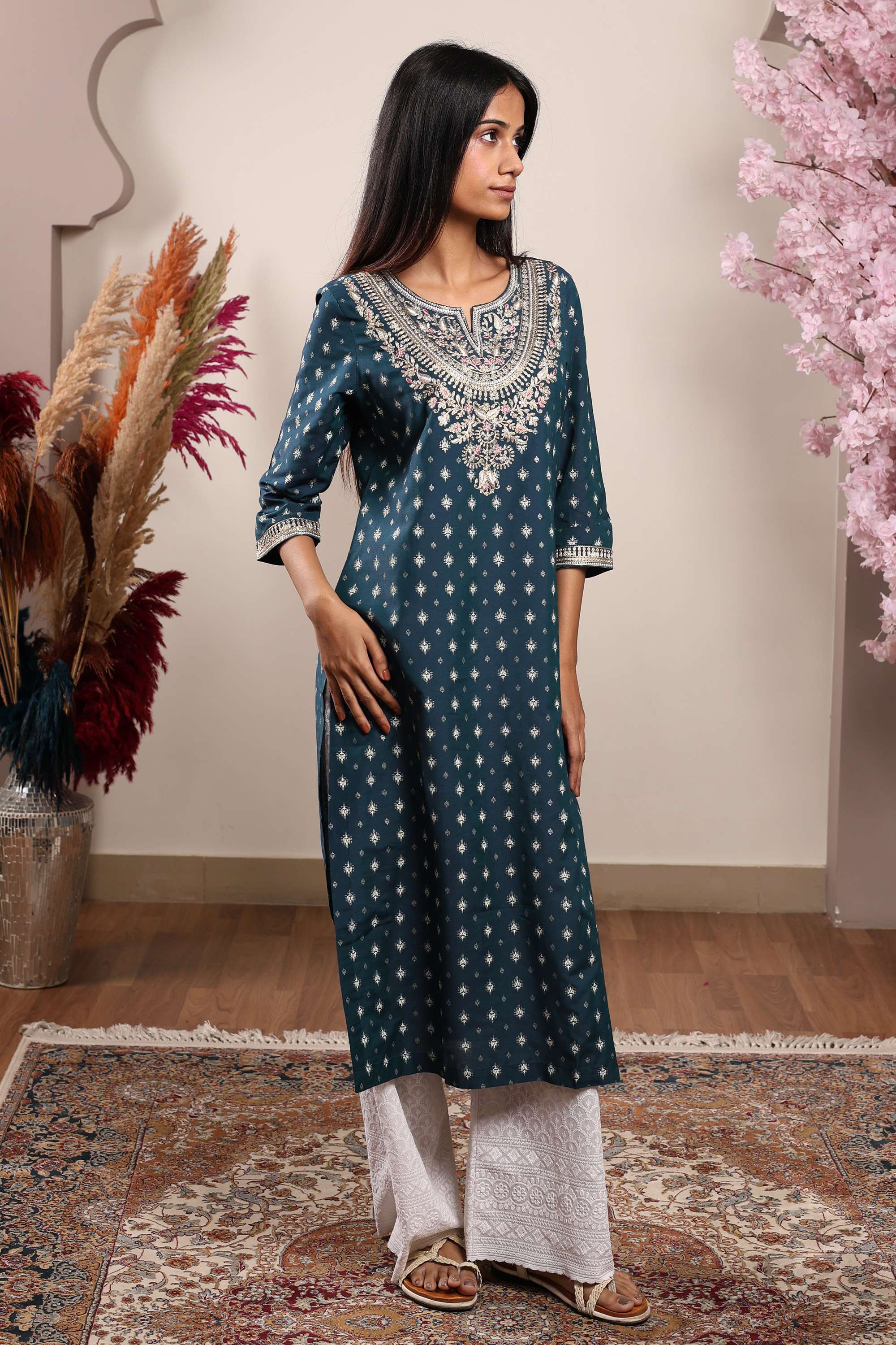 Embroidered-Viscose-Blend-Straight-Fit-Women-s-Kurta