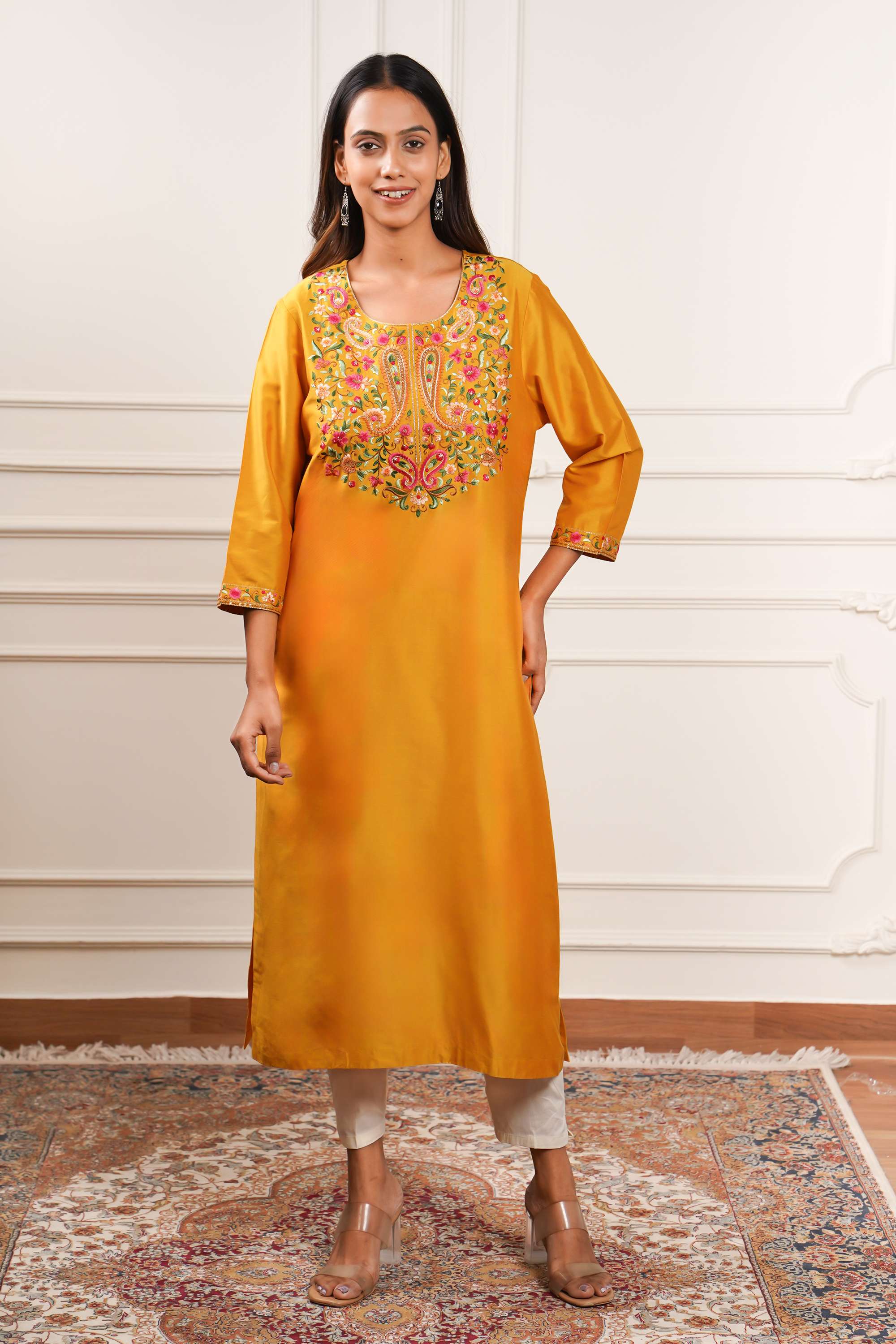 Embroidered-Polyester-Round-Neck-Women-Casual-Wear-Kurta