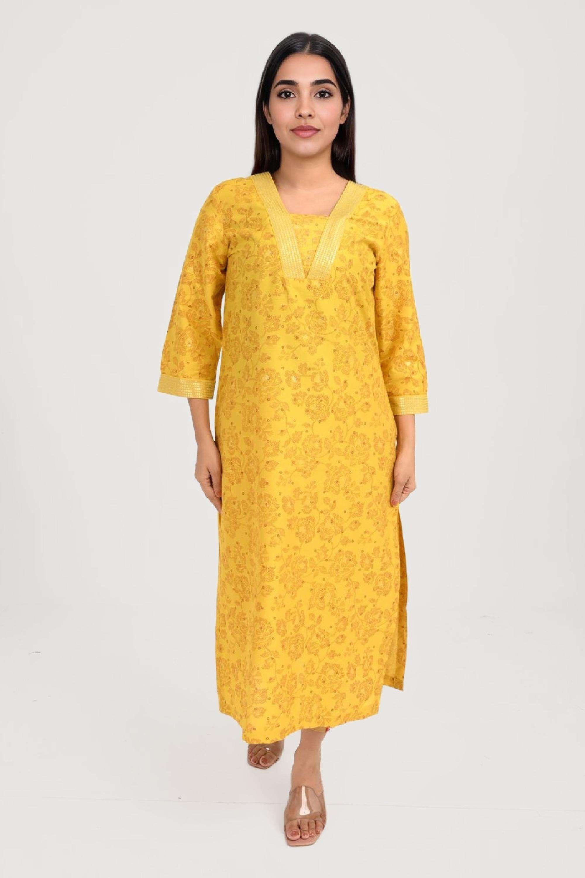 Printed-Blended-Fabric-V-Neck-Women-s-Kurta
