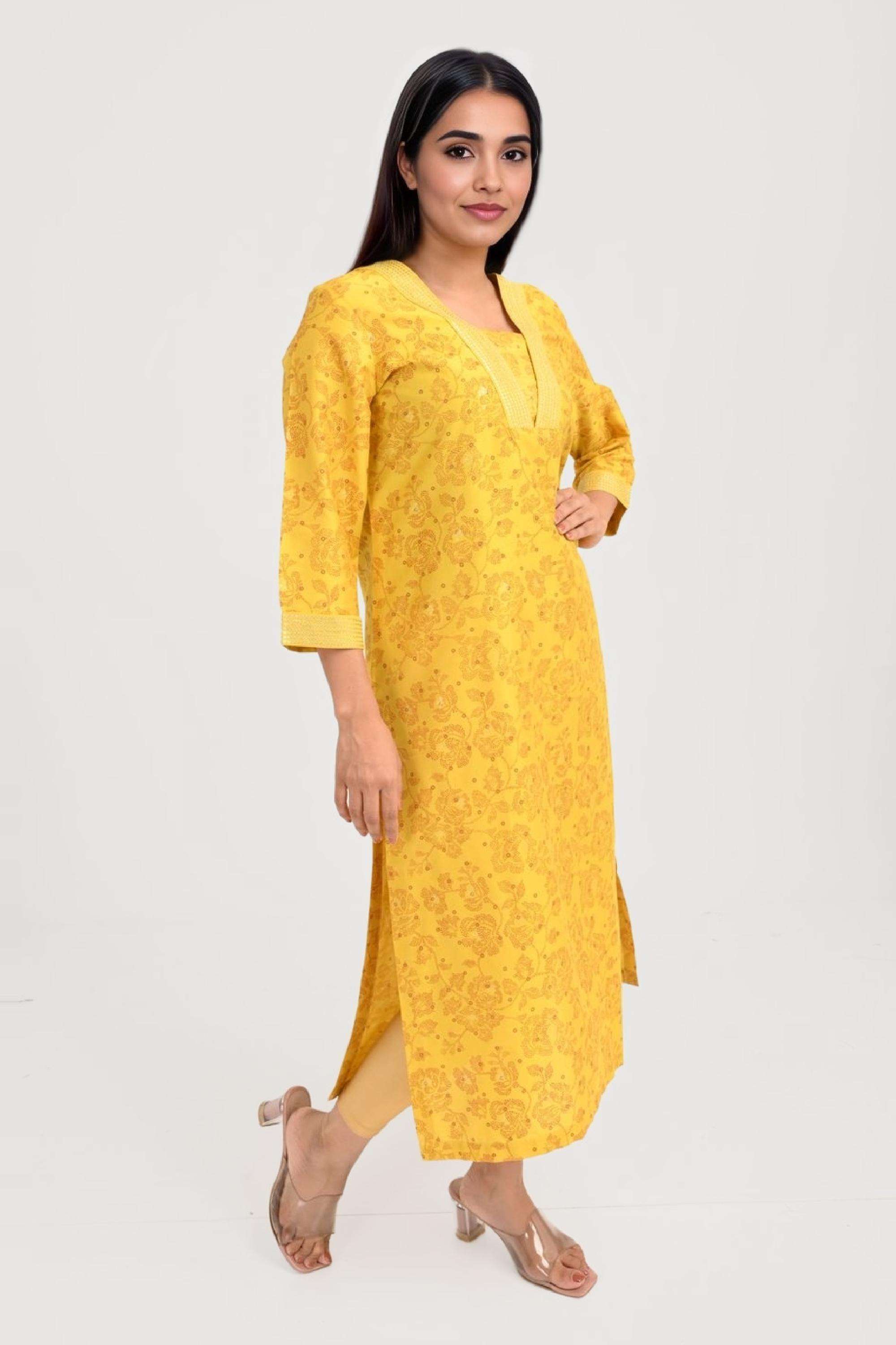 Printed-Blended-Fabric-V-Neck-Women-s-Kurta