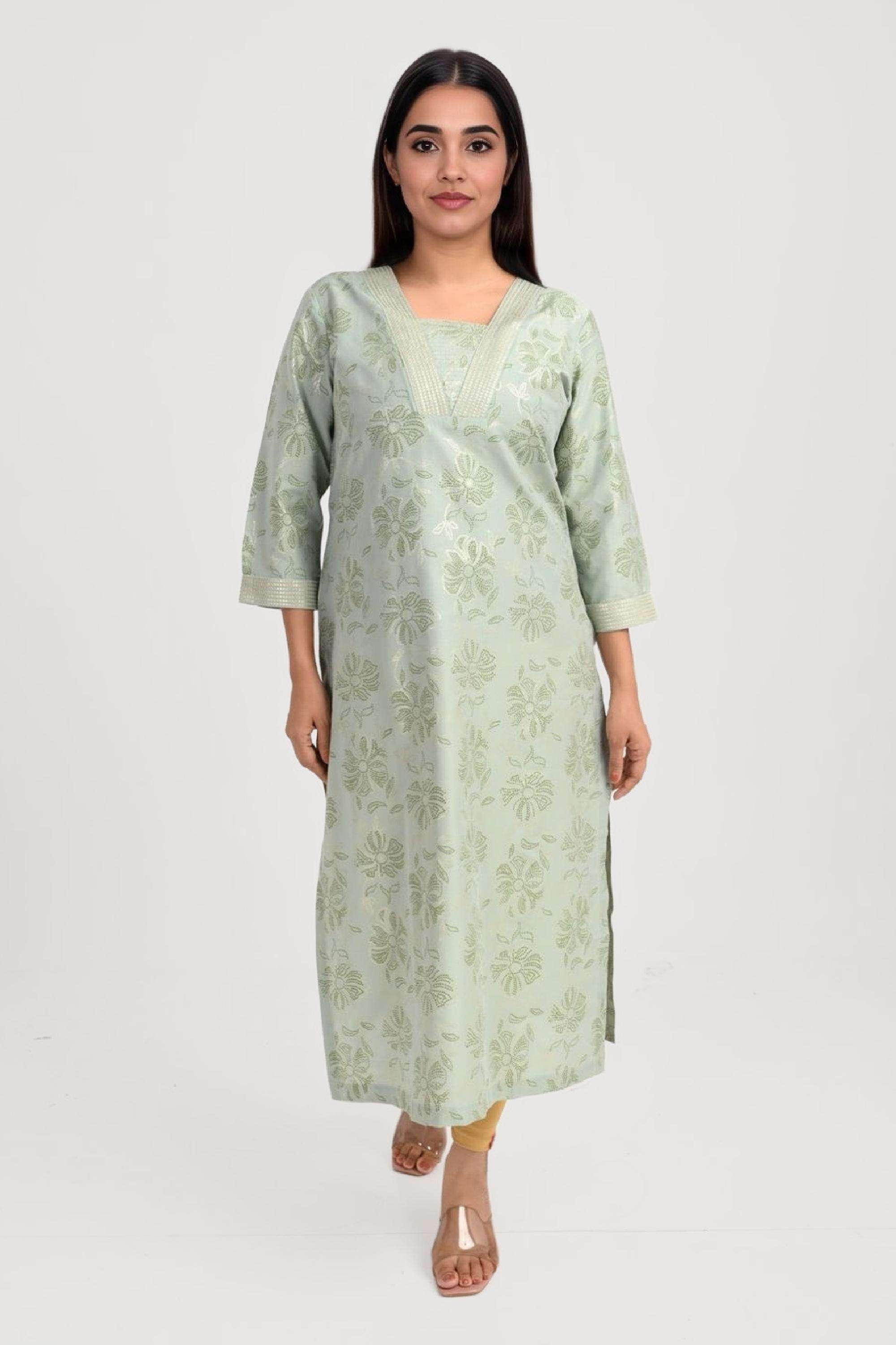 Printed-Blended-Fabric-V-Neck-Women-s-Kurta