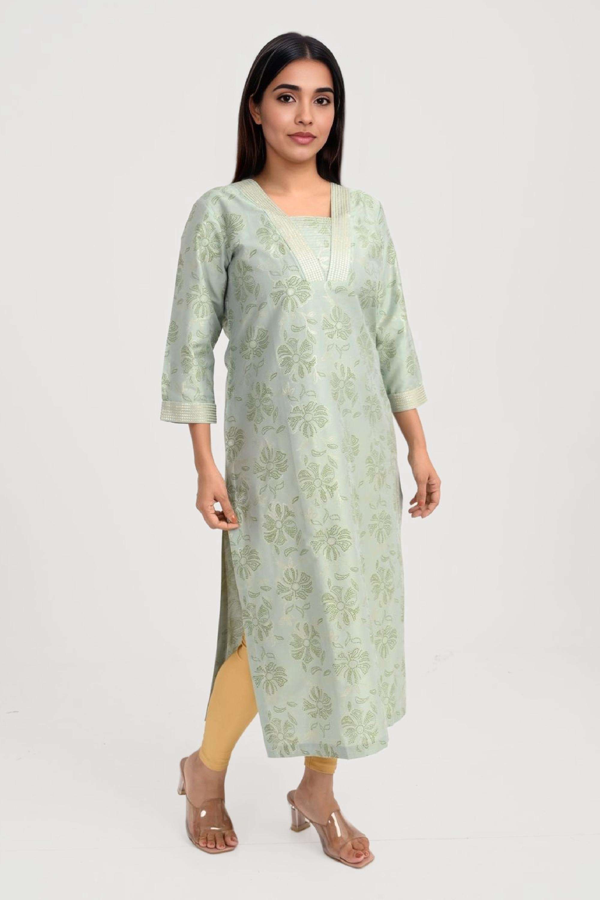 Printed-Blended-Fabric-V-Neck-Women-s-Kurta