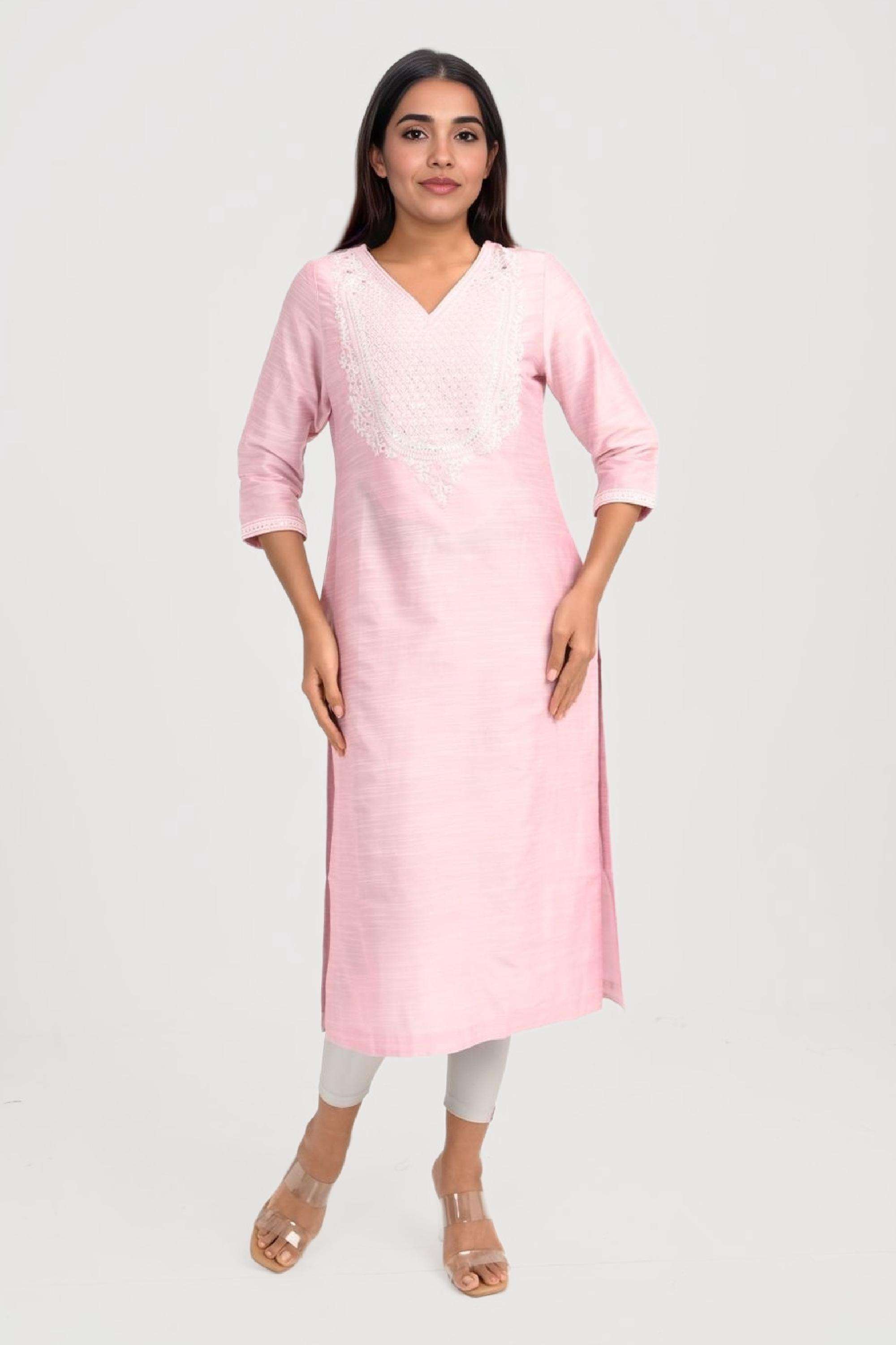 Solid-Blended-Fabric-V-Neck-Women-s-Kurta