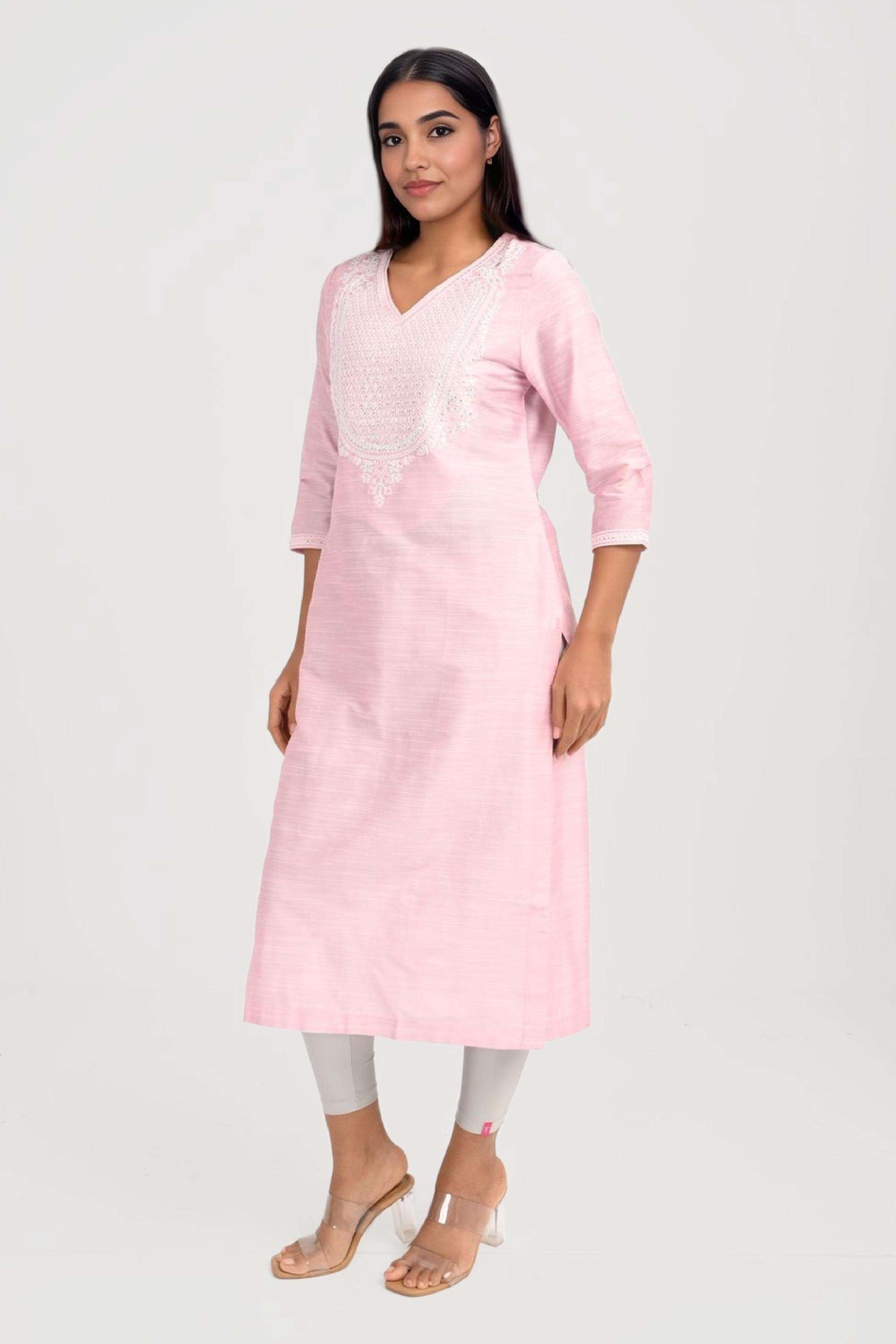 Solid-Blended-Fabric-V-Neck-Women-s-Kurta