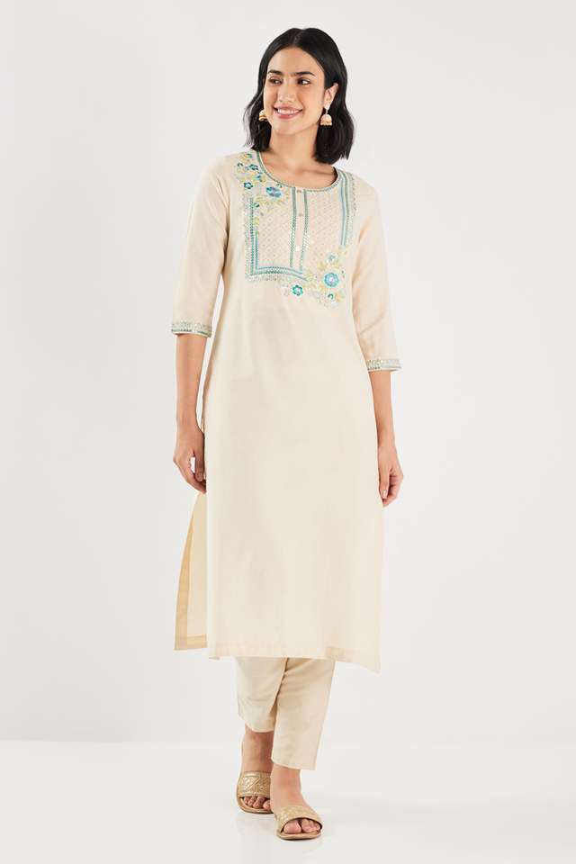 Solid-Blended-Fabric-Round-Neck-Women-s-Kurta