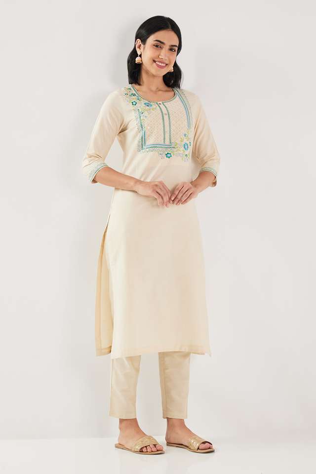 Solid-Blended-Fabric-Round-Neck-Women-s-Kurta