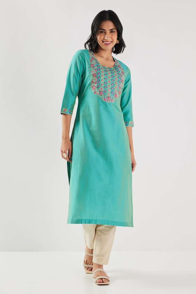 Solid-Blended-Fabric-Round-Neck-Women-s-Kurta