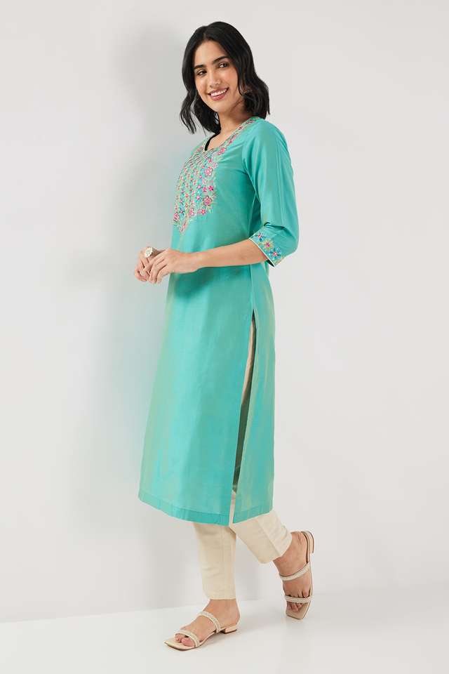 Solid-Blended-Fabric-Round-Neck-Women-s-Kurta
