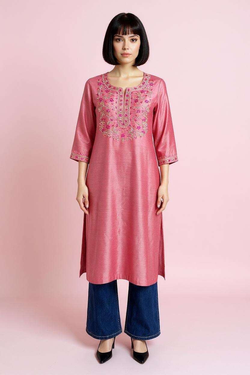 Embroidered-Blended-Fabric-Round-Neck-Women-s-Festive-Wear-Kurta