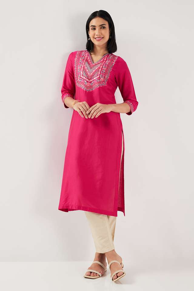 Solid-Blended-Fabric-V-Neck-Women-s-Kurta