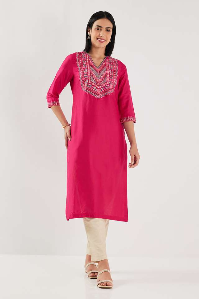 Solid-Blended-Fabric-V-Neck-Women-s-Kurta