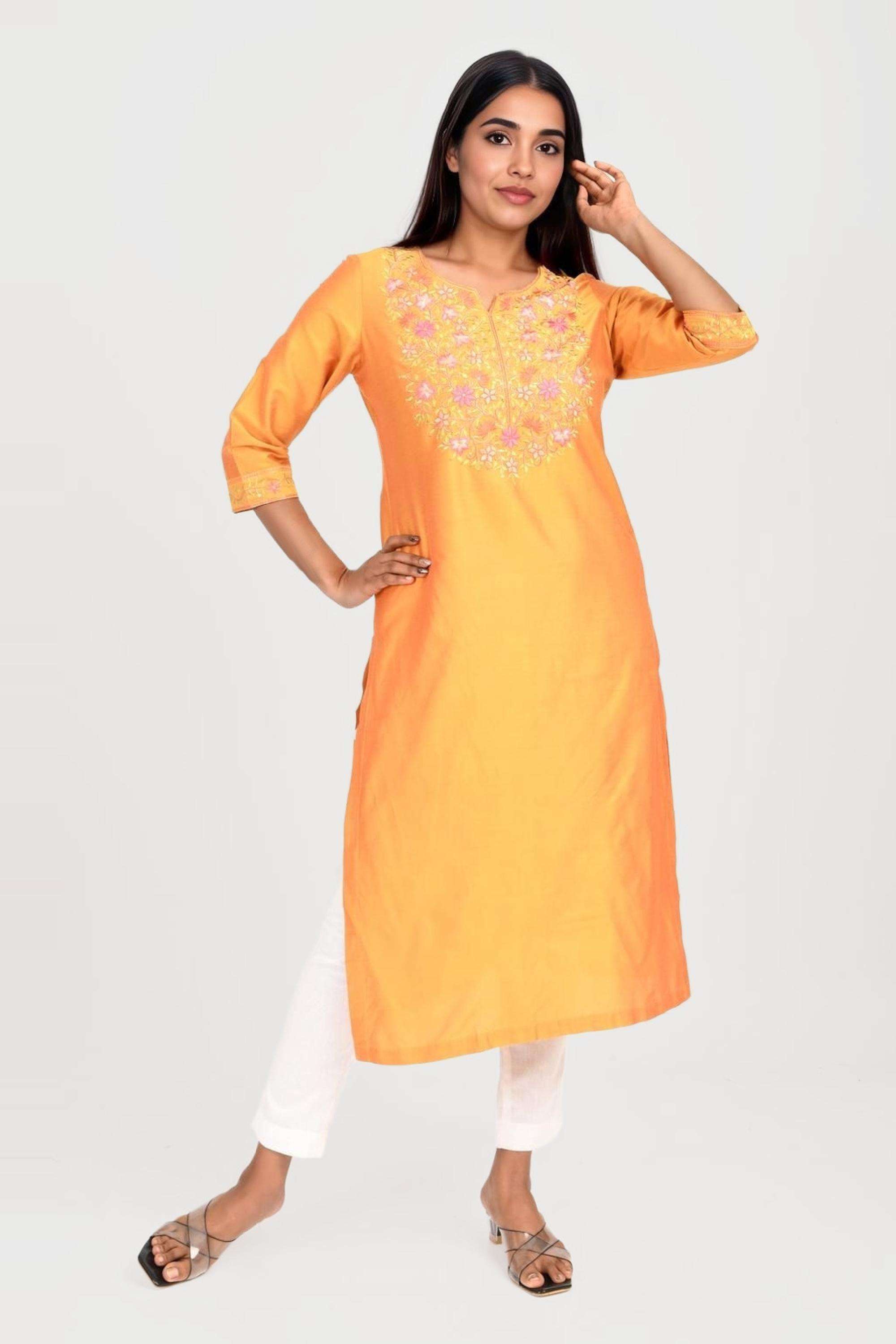 Embroidered-Blended-Fabric-Round-Neck-Women-Fusion-Wear-Kurta