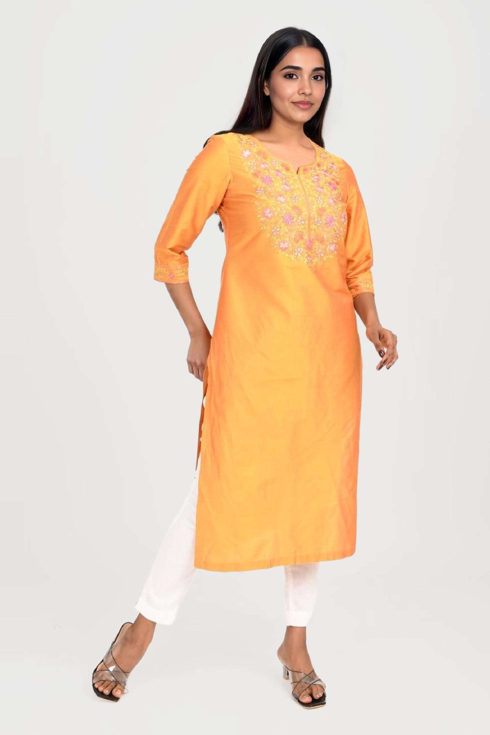 Embroidered-Blended-Fabric-Round-Neck-Women-Fusion-Wear-Kurta