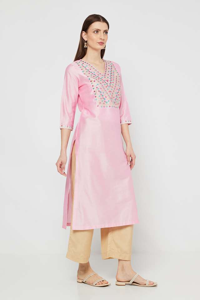Solid-Blended-Fabric-V-Neck-Women-s-Kurta