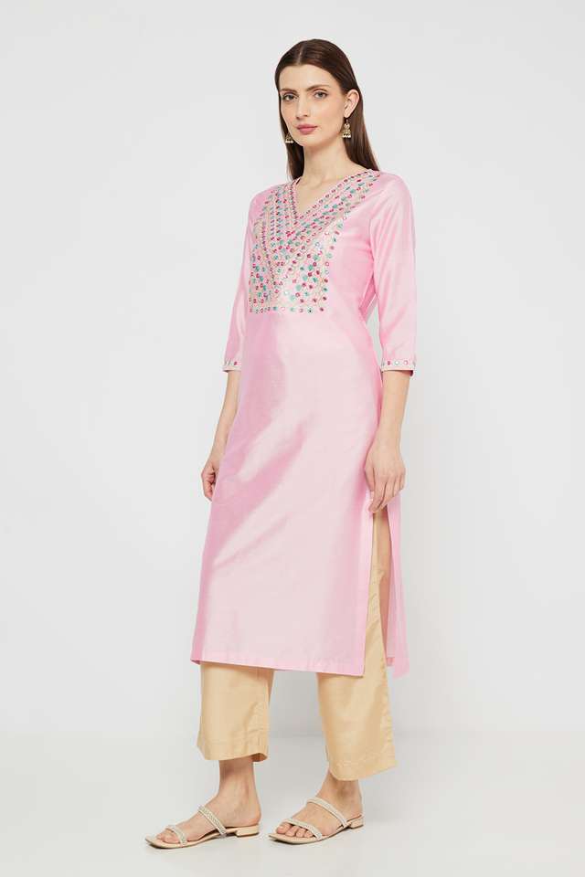 Solid-Blended-Fabric-V-Neck-Women-s-Kurta