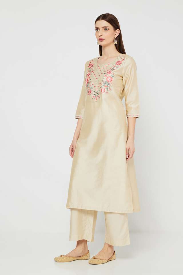Solid-Blended-Fabric-Round-Neck-Women-s-Kurta