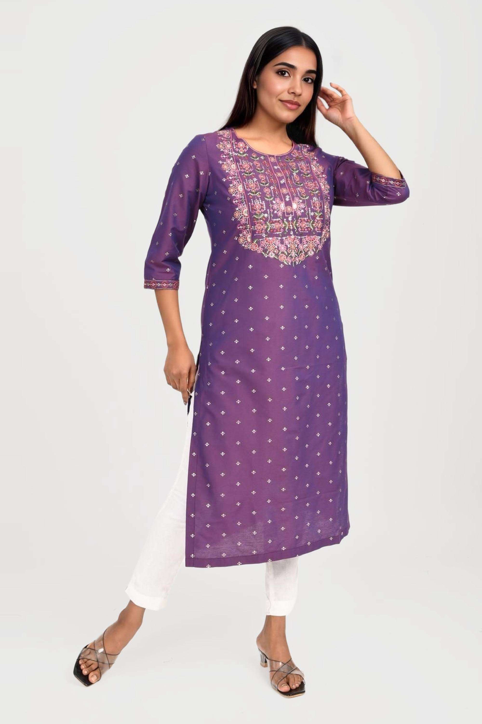 Embroidered-Blended-Fabric-Round-Neck-Women-s-Festive-Wear-Kurta