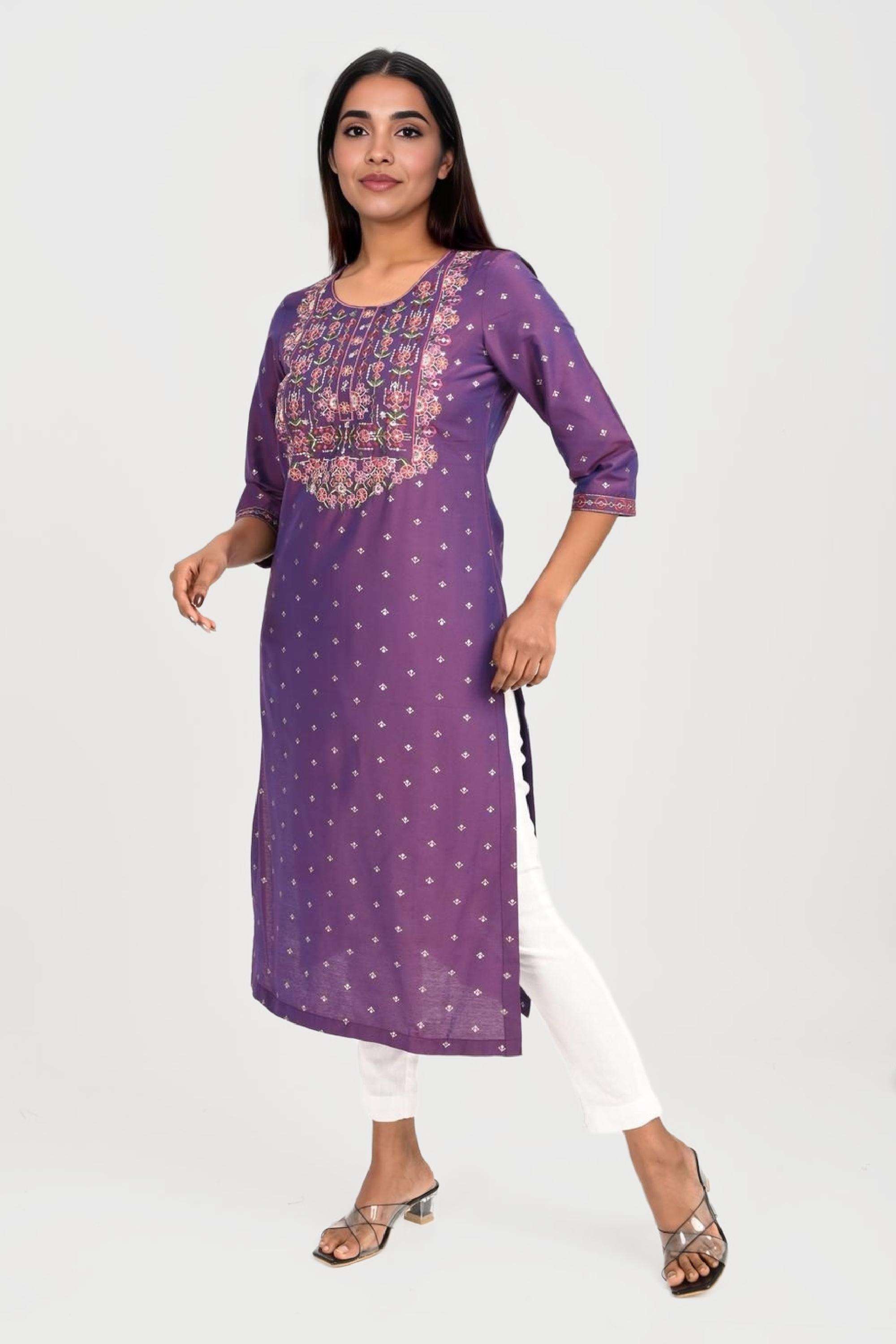Embroidered-Blended-Fabric-Round-Neck-Women-s-Festive-Wear-Kurta