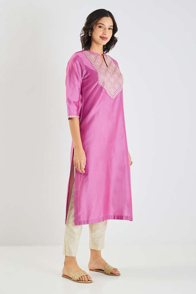 Solid-Blended-Fabric-Collared-Women-s-Kurta