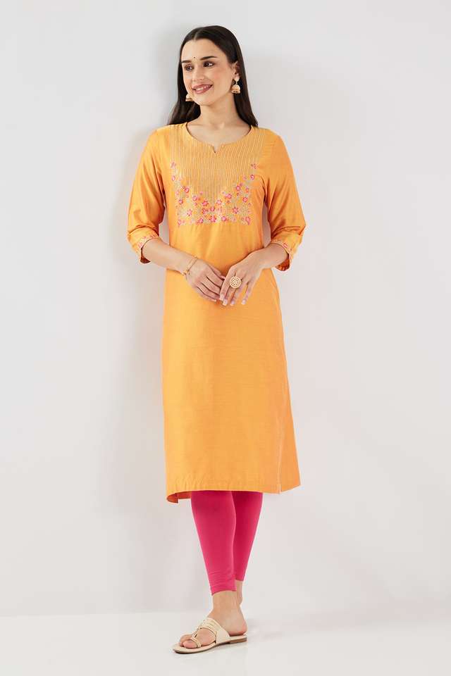 Solid-Blended-Fabric-Round-Neck-Women-s-Kurta
